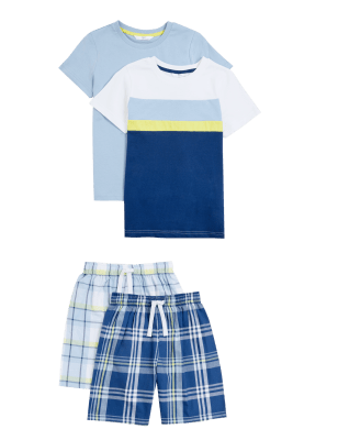 

M&S Collection 2er-Pack kurze Schlafanzugsets aus reiner Baumwolle mit Karomuster (6-16 Jahre) - Blue Mix, Blue Mix