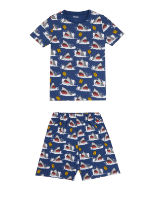 

M&S Collection Kurzes Schlafanzugset mit hohem Baumwollanteil und Haifischmotiv (7-16 J.) - Indigo Mix, Indigo Mix
