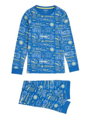M&S Boys Pure Cotton Racing Car Print Pyjamas (7-16 Yrs)
