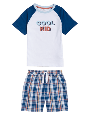 

M&S Collection Kurzes Schlafanzugset aus reiner Baumwolle mit Schriftzug „Cool Kid“ (1-16 Jahre) - Blue Mix, Blue Mix