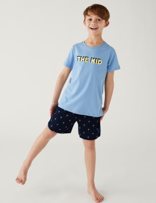 

M&S Collection Schlafanzugset aus reiner Baumwolle mit Schriftzug „The Kid“ (1-16 Jahre) - Blue Mix, Blue Mix