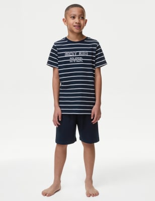 M&S Boy's Pure Cotton Mini Me Slogan Pyjamas (1-16 Yrs) - 7-8 Y - Navy Mix, Navy Mix