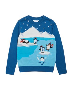 Boys M&S Collection Mini Me Penguin Christmas Jumper (6-16 Yrs) - Blue Mix