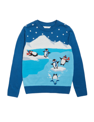 Boys M&S Collection Mini Me Penguin Christmas Jumper (6-16 Yrs) - Blue Mix