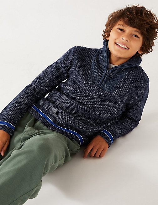 Marks And Spencer Boys M&S Collection Cotton Blend Zip Jumper (6 - 16 Yrs) - Navy Mix, Navy Mix