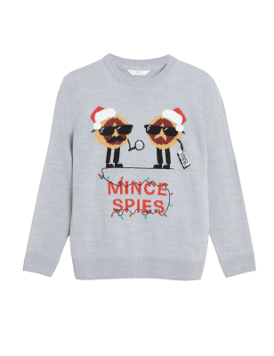 

Boys M&S Collection Mini Me Mince Spies Christmas Jumper (6-16 Yrs) - Grey, Grey