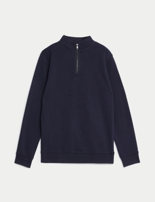 M&S Boys Cotton Rich Half Zip Sweatshirt (6-16 Yrs) - 6-7 Y - Navy, Navy,Black,Natural