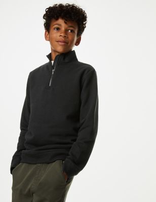 M&S Boys Cotton Rich Half Zip Sweatshirt (6-16 Yrs) - 6-7 Y - Black, Black,Natural,Navy