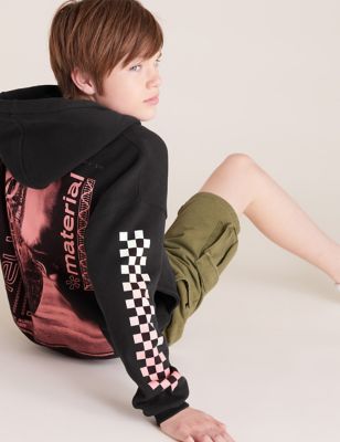 Sweat en coton à capuche et motif fluo de style graphique au dos (du 6 au 14 ans) - Black
