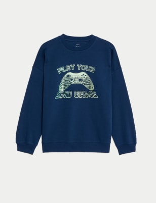 M&S Cotton Rich Play Your End Game Sweatshirt (6-16 Yrs) - 6-7 Y - Navy Mix, Navy Mix