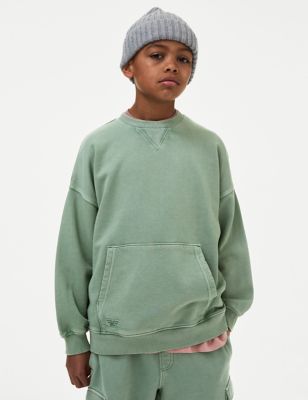 M&S Cotton Rich Sweatshirt (6-16 Yrs) - 7-8 Y - Khaki, Khaki,Charcoal