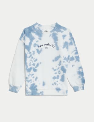 M&S Boys Cotton Rich Tie Dye New York Sweatshirt (6-16 Yrs) - 6-7 Y - Blue Mix, Blue Mix