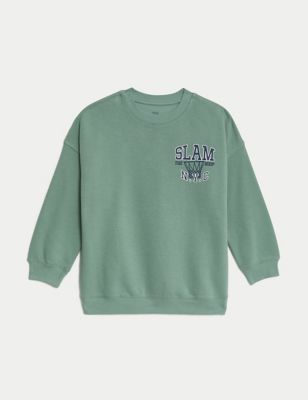 M&S Cotton Rich Basketball Sweatshirt (6-16 Yrs) - 8-9 Y - Smokey Green, Smokey Green