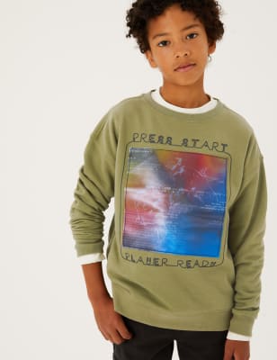 

Boys M&S Collection Cotton Rich Press Start Slogan Sweatshirt (6-16 Yrs) - Charcoal, Charcoal