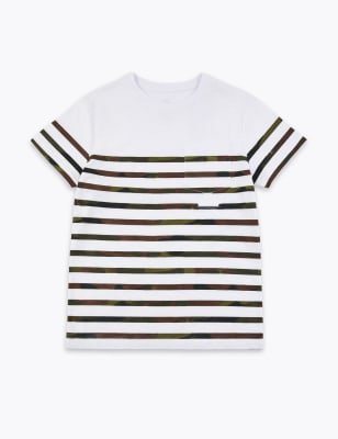 T-shirt 100&nbsp;% coton &agrave; motif camouflage et rayures, facile &agrave; enfiler (du 1 au 16&nbsp;ans)