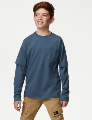 

M&S Collection Top de manga doble 100% algodón (6-16 años) - Air Force Blue, Air Force Blue