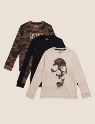 

M&S Collection 3er-Pack Oberteile aus reiner Baumwolle mit Tarn- und Schädelmuster (6-16 J.) - Multi, Multi