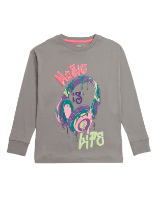 

M&S Collection Top 100% algodón con texto 'Music Is Life' (6-16 años) - Dark Graphite, Dark Graphite
