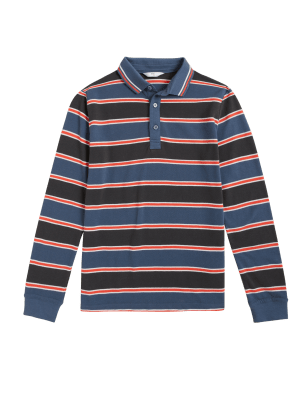 

Boys M&S Collection Pure Cotton Striped Polo Shirt (6-16 Yrs) - Blue Mix, Blue Mix