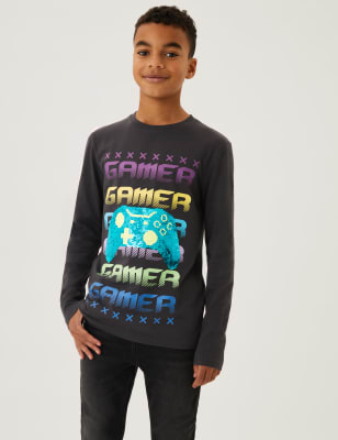 

M&S Collection Oberteil aus reiner Baumwolle mit Pailletten und Gamer-Motiv (6-16 J.) - Charcoal, Charcoal