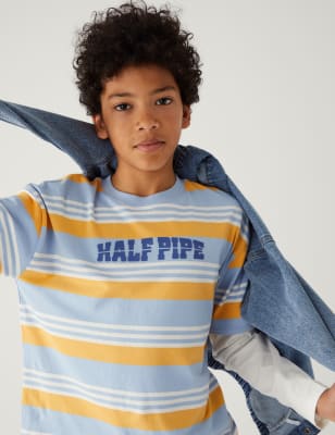 

M&S Collection Oberteil aus reiner Baumwolle mit Schriftzug und Streifen (6-16 Jahre) - Blue Mix, Blue Mix
