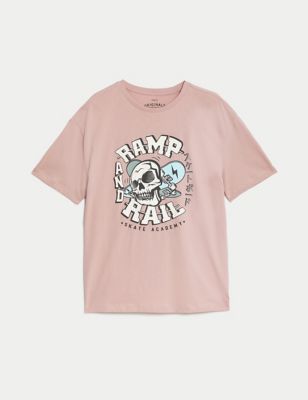 M&S Boy's Pure Cotton Skate Print T-Shirt (6-16 Yrs) - 9-10Y - Pink, Pink