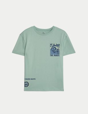 M&S Pure Cotton Music Graphic T-Shirt (6-16 Yrs) - 6-7 Y - Green, Green