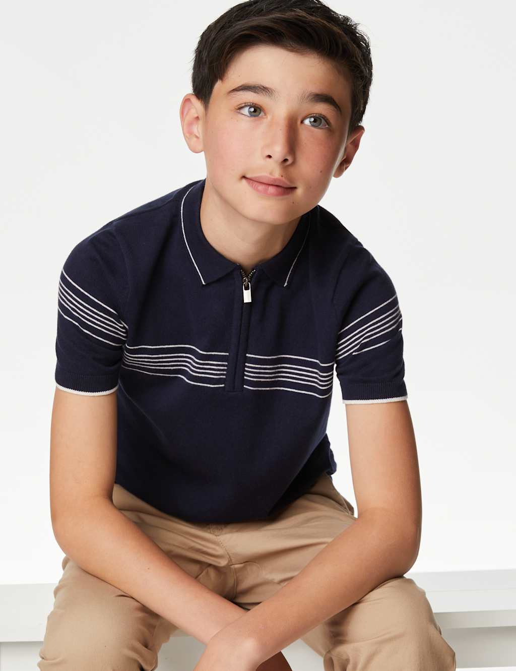 Cotton Rich Striped Knitted Polo Shirt (6-16 Yrs) image 1