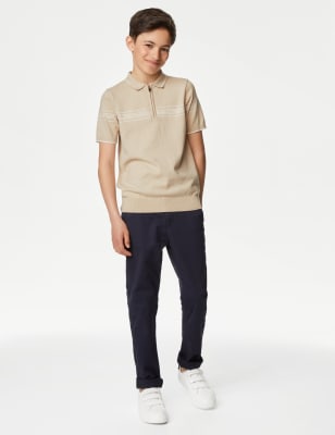 

M&S Collection Gestreiftes Strick-Poloshirt mit hohem Baumwollanteil (6-16 Jahre) - Stone, Stone