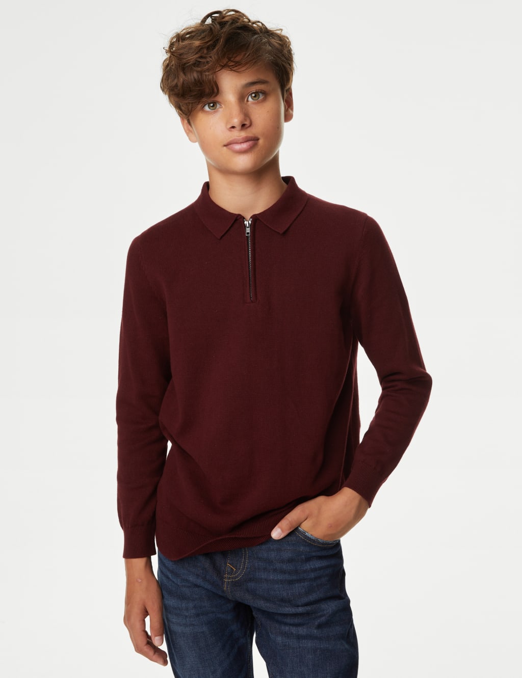Pure Cotton Half Zip Knitted Polo Shirt (6-16 Yrs) image 1