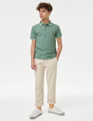 M&S Boys Pure Cotton Polo Shirt (6-16 Yrs) - 6-7 Y - Smokey Green, Smokey Green,Dark Blue,Aqua,Blue
