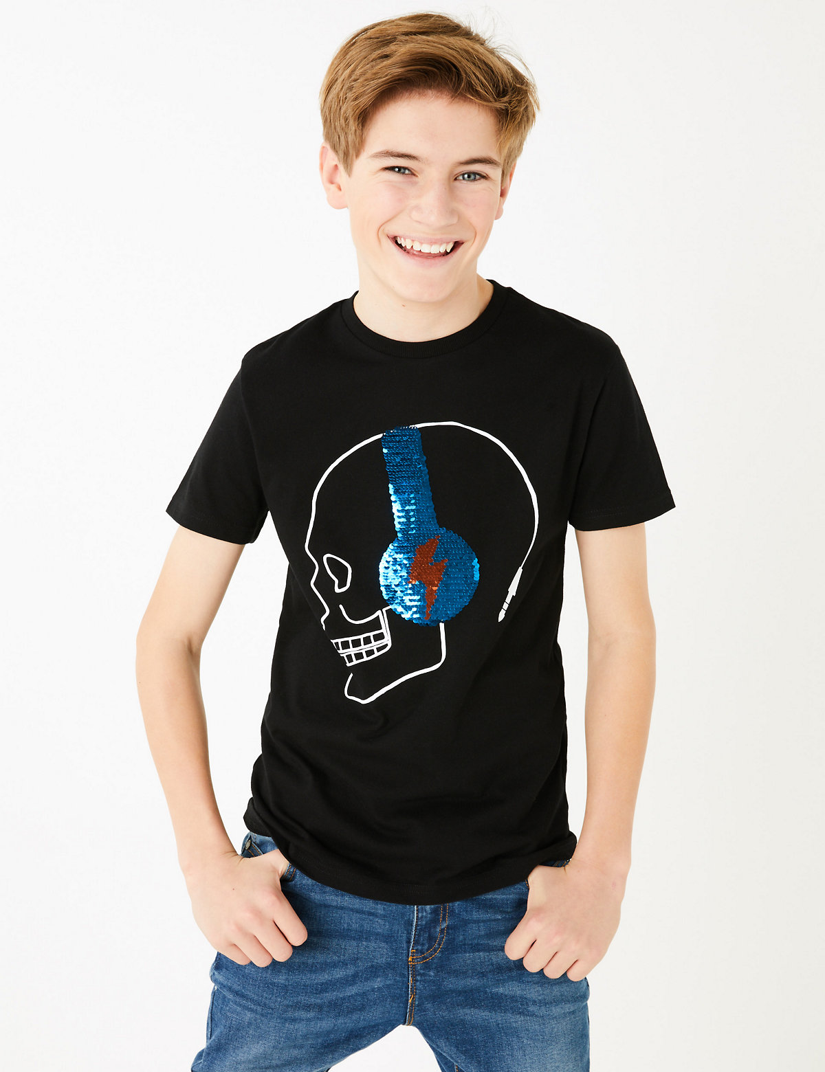 Cotton Reversible Sequin Skull T-Shirt (6-16 Yrs)