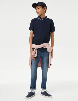 M&S Boy's Pure Cotton Half Zip Polo Shirt (6-16 Yrs) - 7-8 Y - Navy, Navy,Pink,White,Black,Aqua,Blue