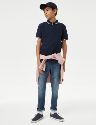 M&S Boys Pure Cotton Half Zip Polo Shirt (6-16 Yrs) - 7-8 Y - Navy, Navy,Pink,White,Black,Aqua,Blue