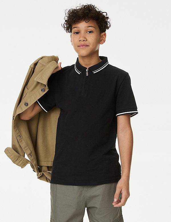 Poloshirt aus reiner Baumwolle mit halbem Reißverschluss (6–16 Jahre) - AT
