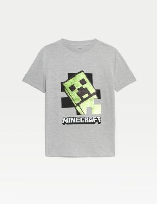 M&S Cotton Rich Minecrafttm Sequin T-shirt (6-16 Yrs) - 9-10Y - Grey Marl, Grey Marl