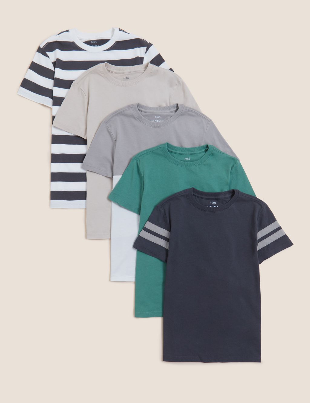 5pk Pure Cotton Striped & Plain T-Shirts (6-16 Yrs)