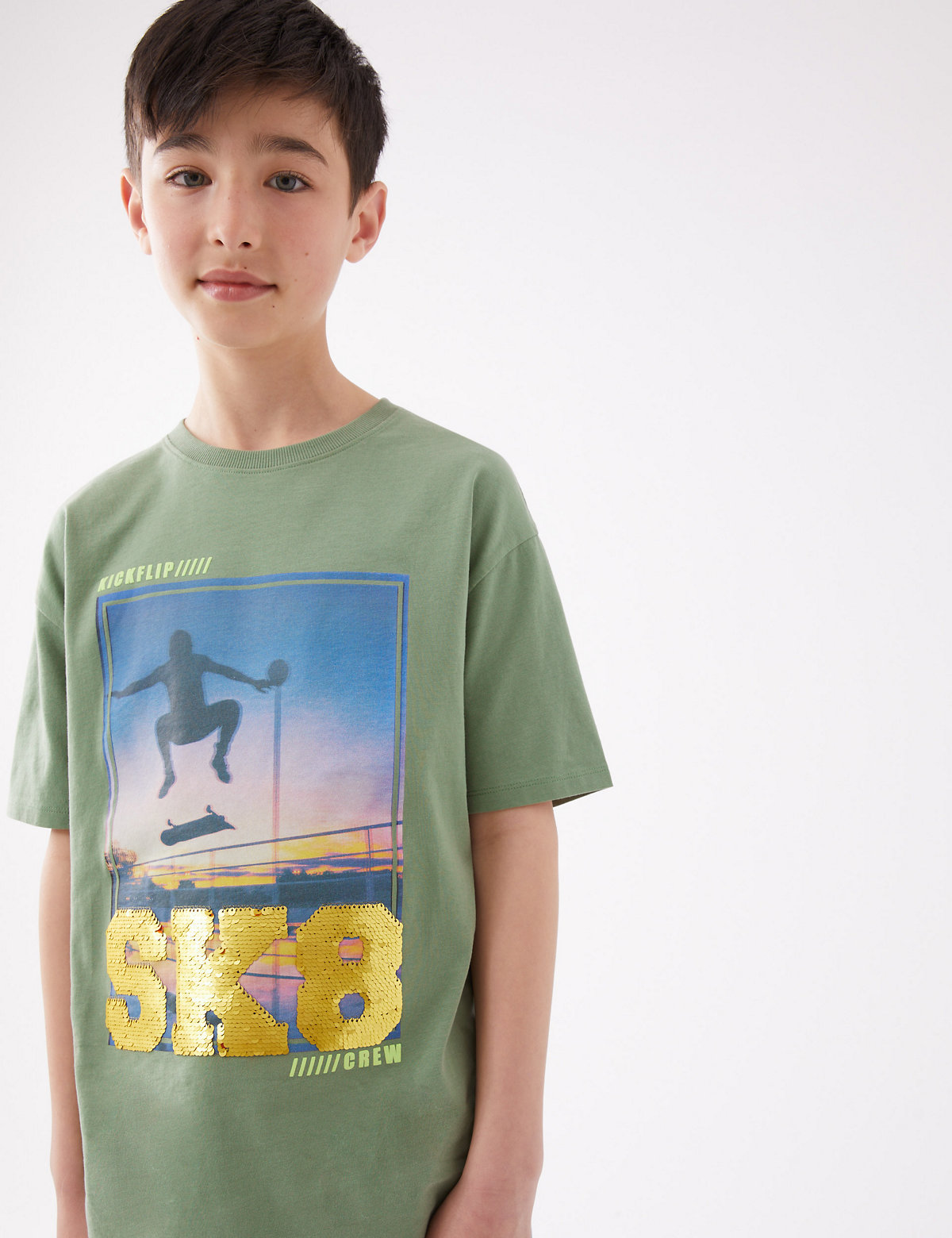 Pure Cotton Skate Print Sequin T-Shirt (6-16 Yrs)