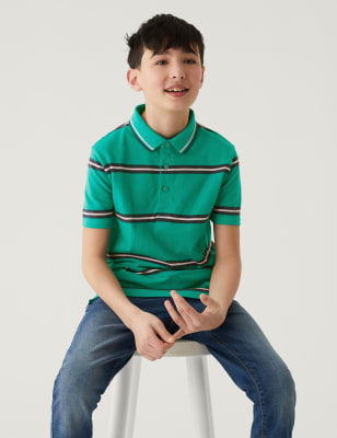 

M&S Collection Gestreiftes Poloshirt aus reiner Baumwolle (6-16 J.) - Bright Jade, Bright Jade