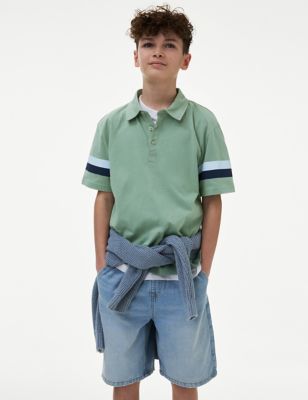 M&S Boy's Pure Cotton Polo Shirt (6-16 Yrs) - 7-8 Y - Khaki, Khaki,Ivory