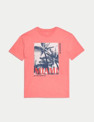 M&S Boy's Pure Cotton Miami T-shirt (6-16 Yrs) - 14-15 - Coral, Coral
