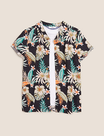 2pc Pure Cotton Floral Shirt & T-Shirt Set