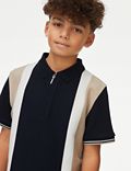 Poloshirt aus reiner Baumwolle mit halbem Reißverschluss und Streifenmuster (6–16 Jahre)