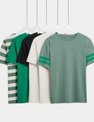 M&S Boy's 5pk Pure Cotton Plain & Striped T-Shirts (6-16 Yrs) - 6-7 Y - Green Mix, Green Mix