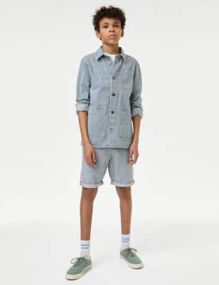 M&S Boys Pure Cotton Striped Shacket - 7-8 Y - Denim Mix, Denim Mix