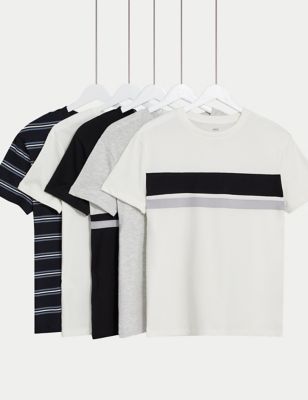 M&S Boys 5pk Cotton Rich Plain & Striped T-Shirts (6-16 Yrs) - 7-8 Y - Black Mix, Black Mix