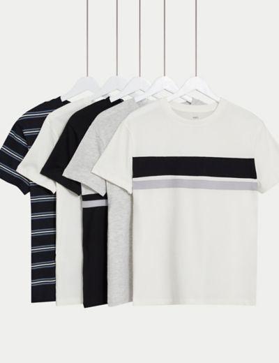 5pk Cotton Rich Plain & Striped T-Shirts (6-16 Yrs)