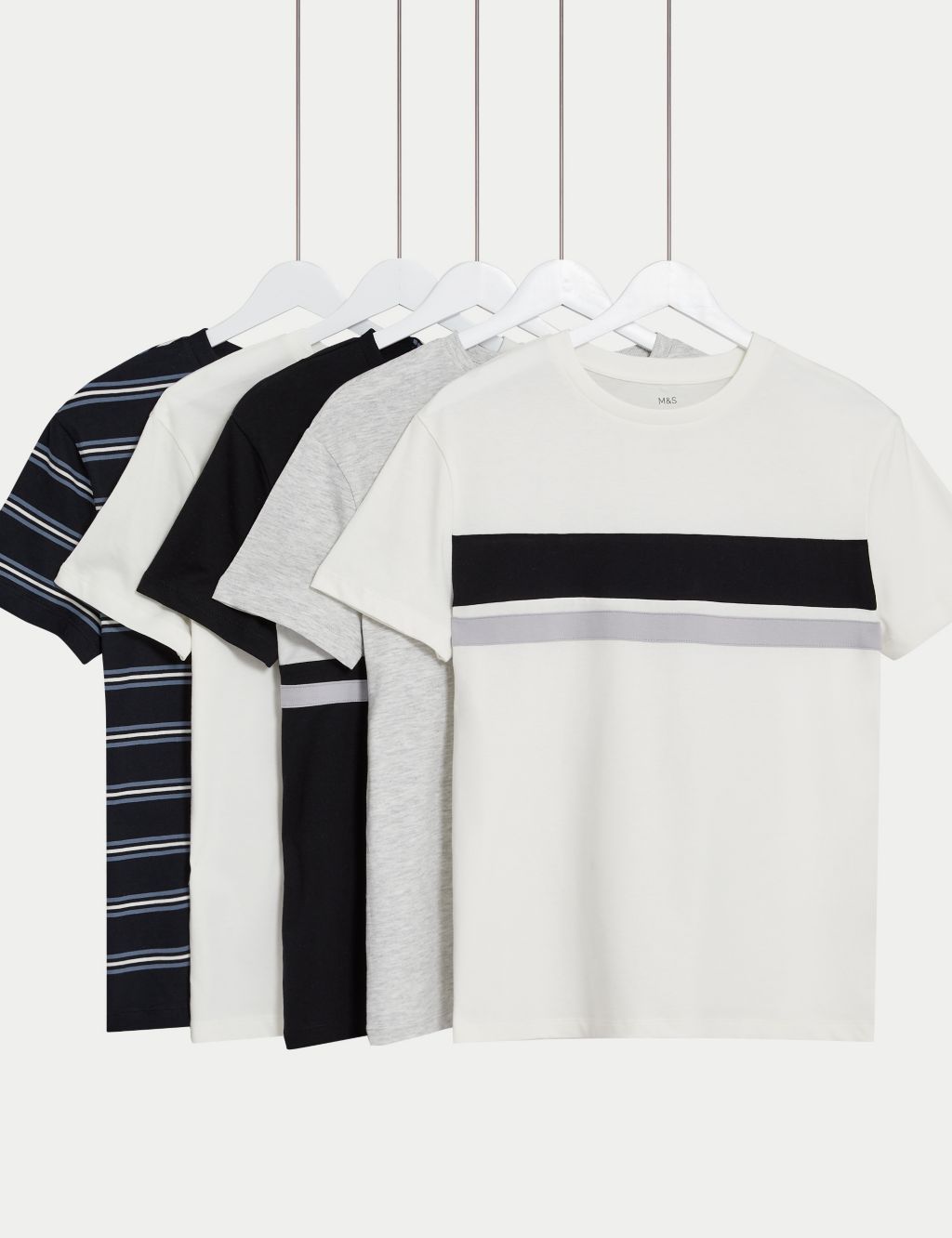 5pk Cotton Rich Plain & Striped T-Shirts (6-16 Yrs)