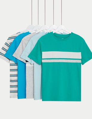 M&S Boy's 5pk Cotton Rich Plain & Striped T-Shirts (6-16 Yrs) - 6-7 Y - Multi, Multi