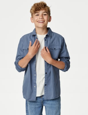 M&S Boys 2pc Pure Cotton Shirt & T-Shirt (6-16 Yrs) - 15-16 - Steel Blue, Steel Blue,Oatmeal